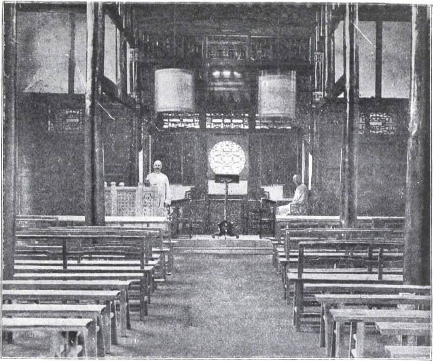 Public-domain historical interior view of a church in Pachow