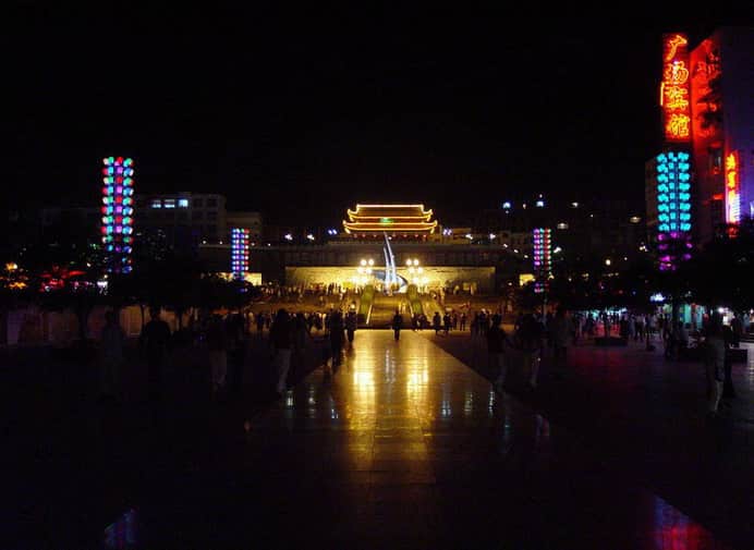 Crowded illuminated public space at Jiangbei Plaza