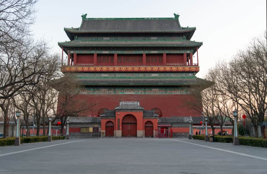 Frontal winter view of Beijing Drum Tower and its paved forecourt