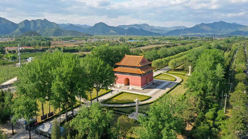 Elevated view of the Ming Tombs Spirit Way and surrounding mountains