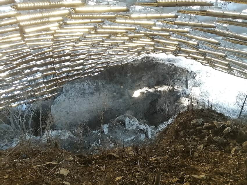 Protective shelter above a rocky area at the Zhoukoudian site