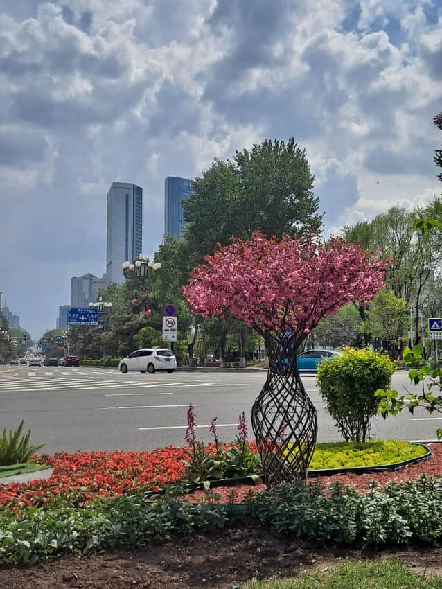 Street landscaping and towers near People's Square in Changchun
