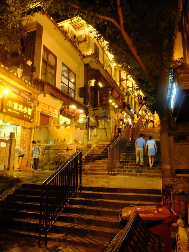 Illuminated stair street and shopfronts in Ciqikou