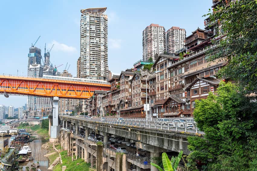 Hongya Cave complex, elevated roads and Jialing River bank in central Chongqing