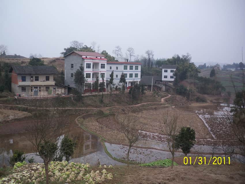 Winter fields and mixed-age homes at Gaosong Village in Dazhu