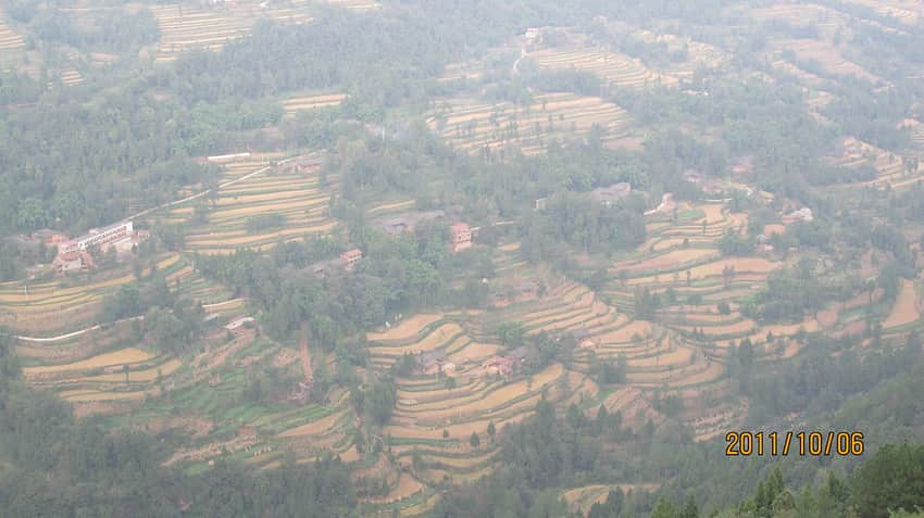 Contour terraces and scattered homes on the slopes around Miaoya