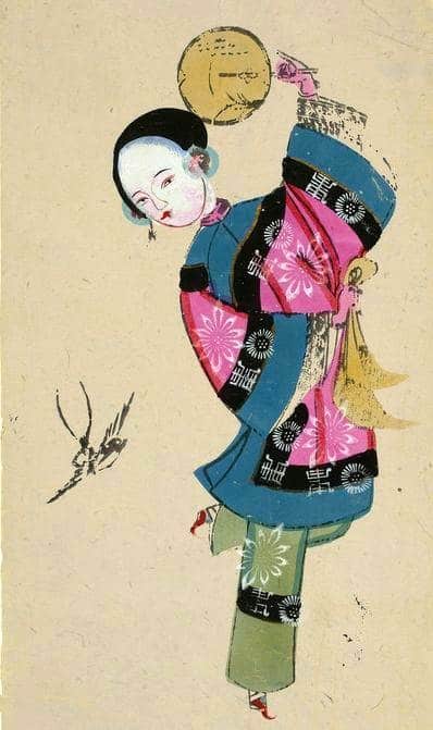 Historical Mianzhu New Year print of a dancing figure and swallow