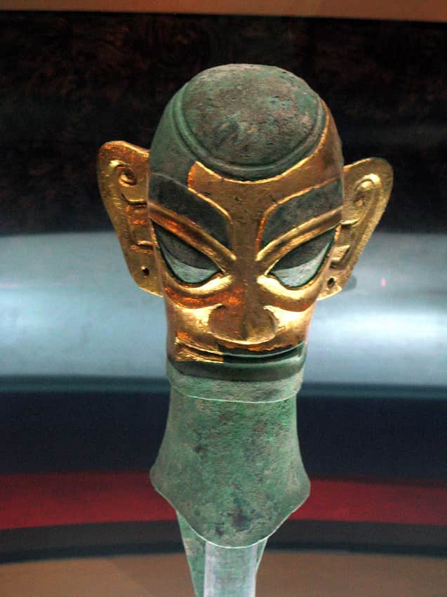Sanxingdui bronze heads with gold masks in the museum