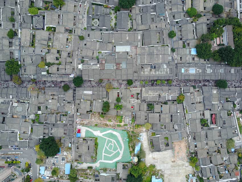 2017 aerial view of lanes, courtyards and roofs in Three Lanes and Seven Alleys