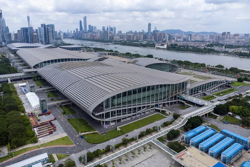 Aerial view across Canton Fair halls and the Pearl River