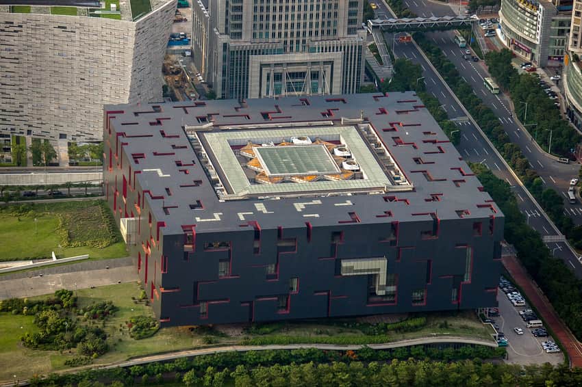 Dark rectilinear Guangdong Museum seen from above