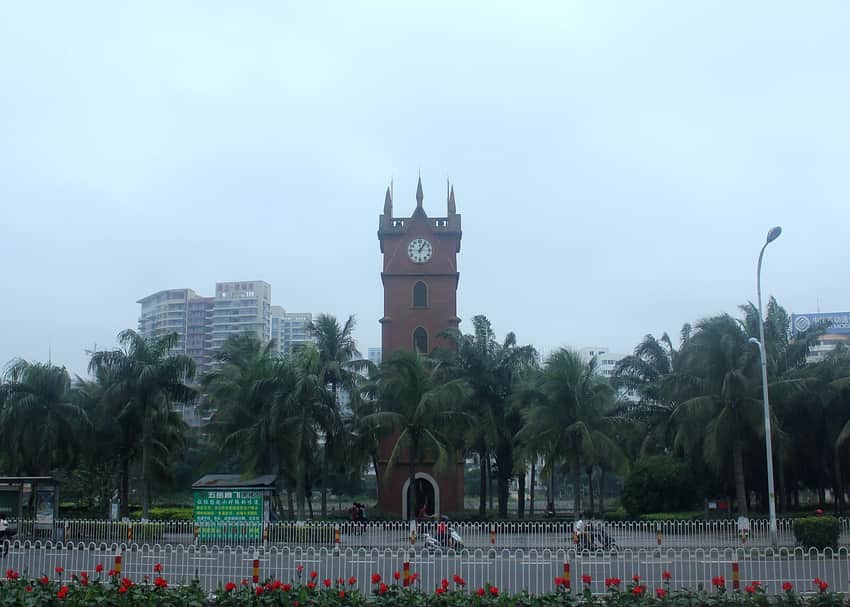 Brick clock-tower structure on Haikou's old riverfront