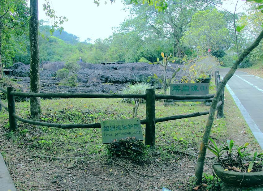 Basaltic lava exposed beside a marked conservation path in Haikou
