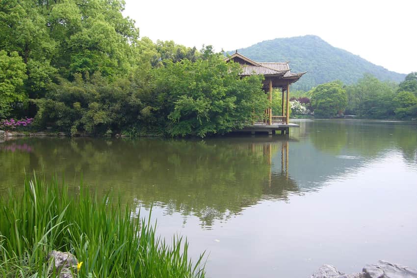 Managed waterway, vegetation and pavilion in Xixi Wetland