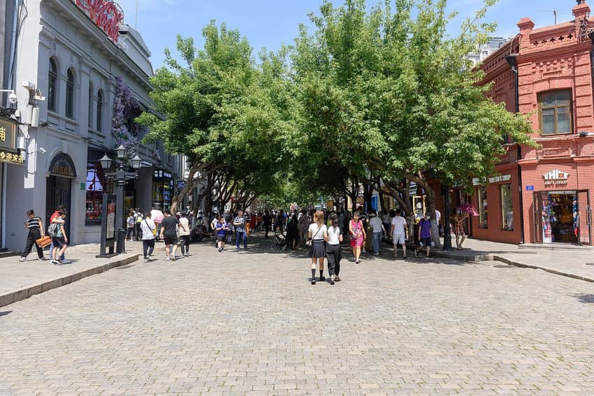 Pedestrian street and historic-style facades on Central Street