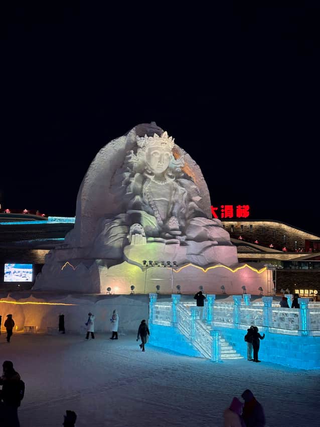 Illuminated snow sculpture at the 2026 Harbin Ice and Snow Festival