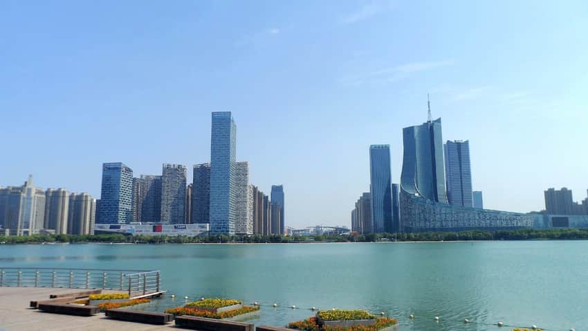 Urban waterfront and skyline at Swan Lake in Hefei