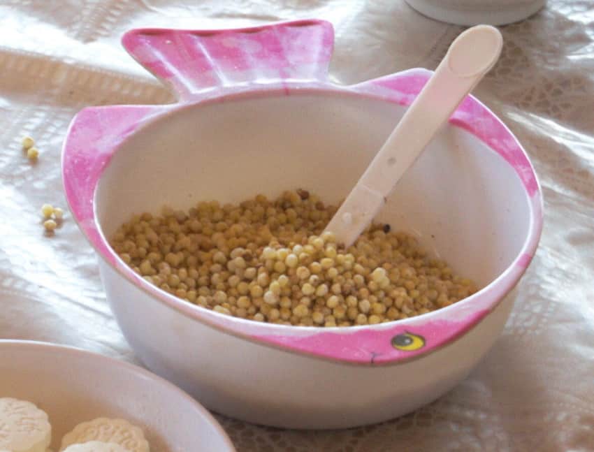 Small bowl of stir-fried millet with spoon and scattered grains