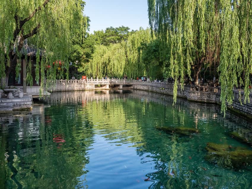 Baotu Spring pond with stone bridge and willow trees
