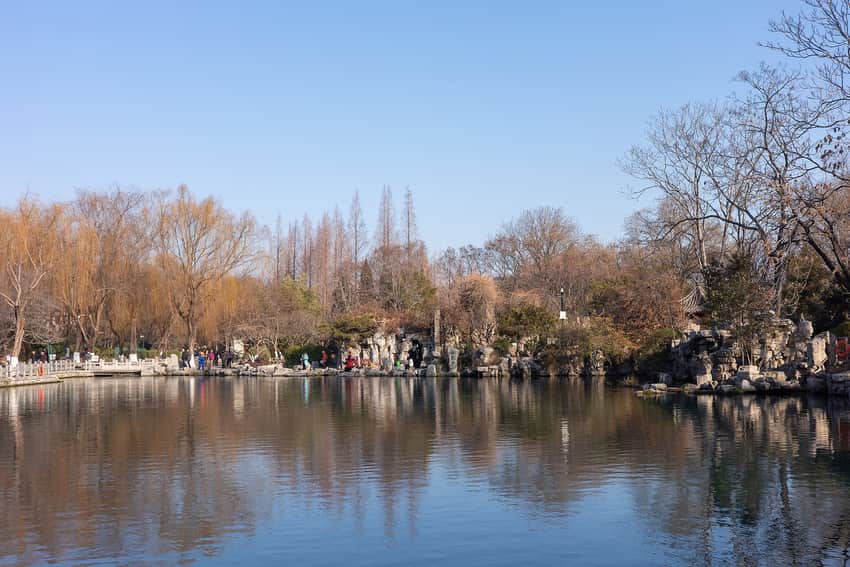 Winter view across Five Dragon Pool and rock garden