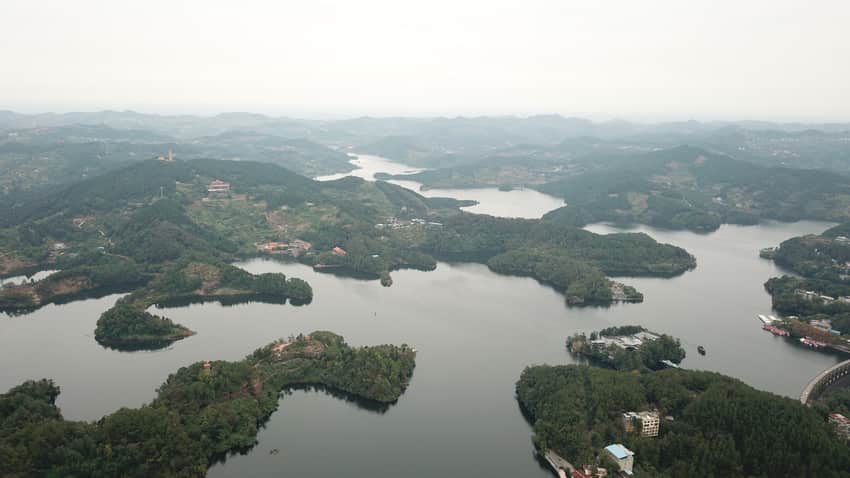 Aerial view of Heilongtan Lake in Renshou