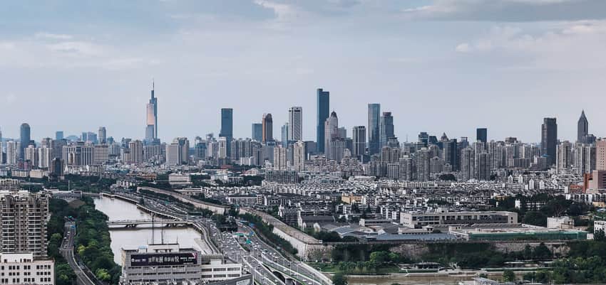 2018 view of Qinhuai River, a city-wall segment and modern Nanjing