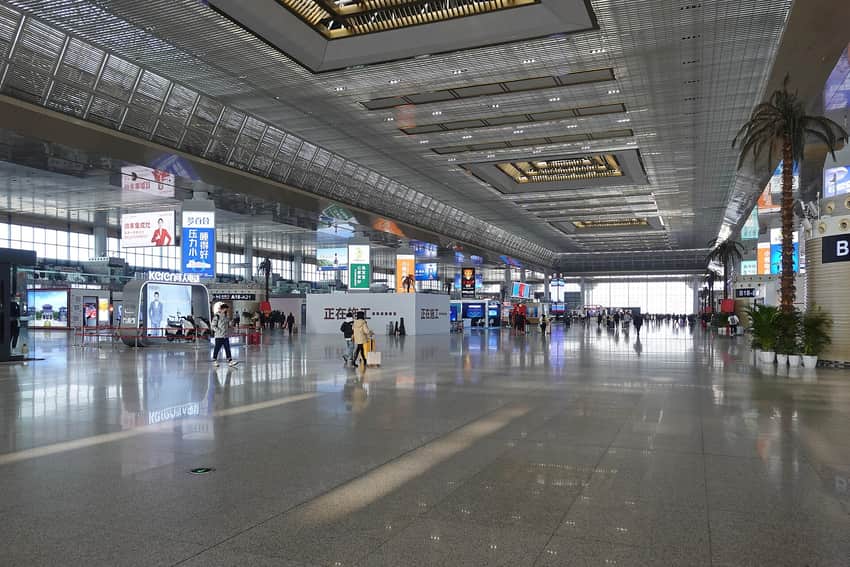 Large passenger hall inside Nanjing South Railway Station in 2023