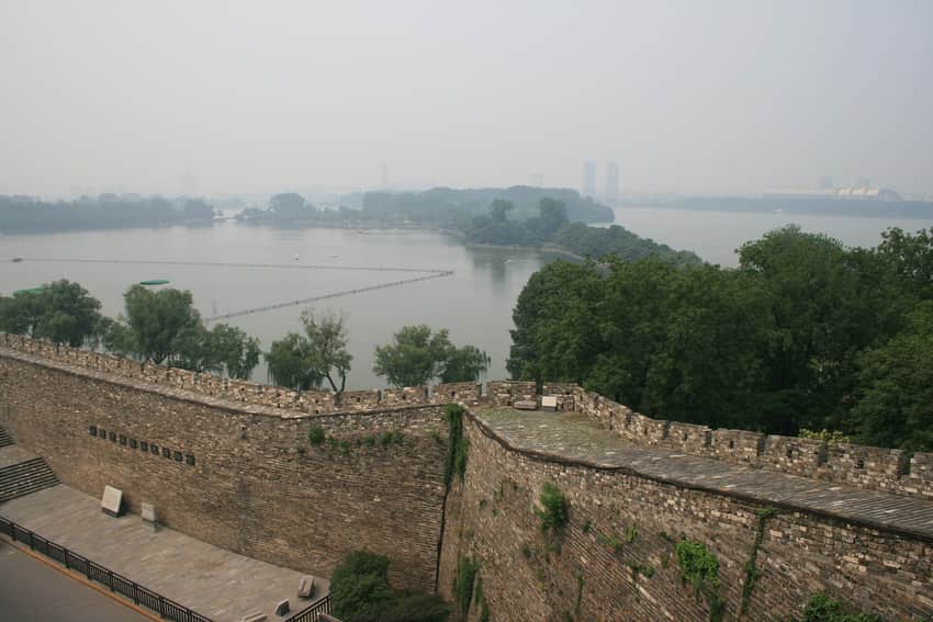 Hazy 2009 view of Nanjing City Wall beside Xuanwu Lake