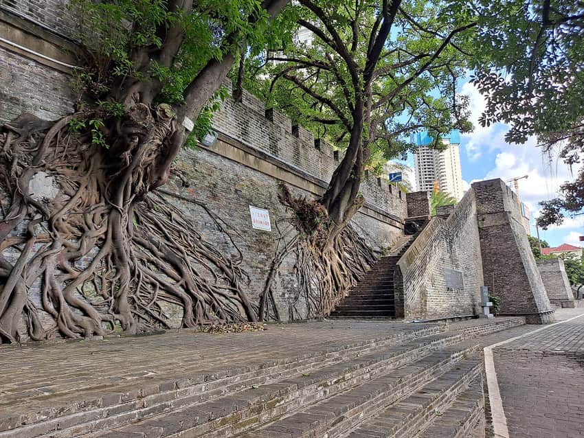 Conserved masonry wall and present public setting in central Nanning