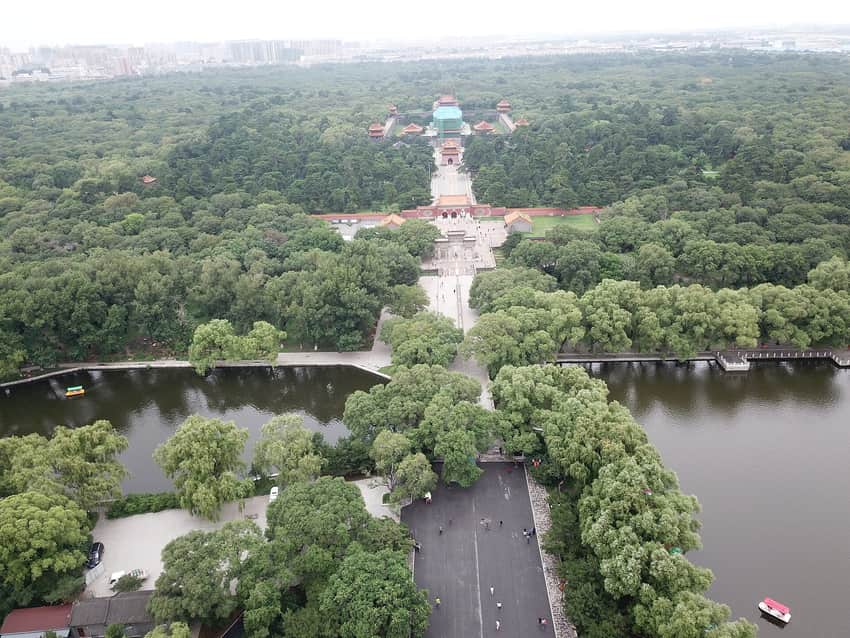 Aerial 2018 view of Zhaoling axis, woodland and lakes in Beiling Park