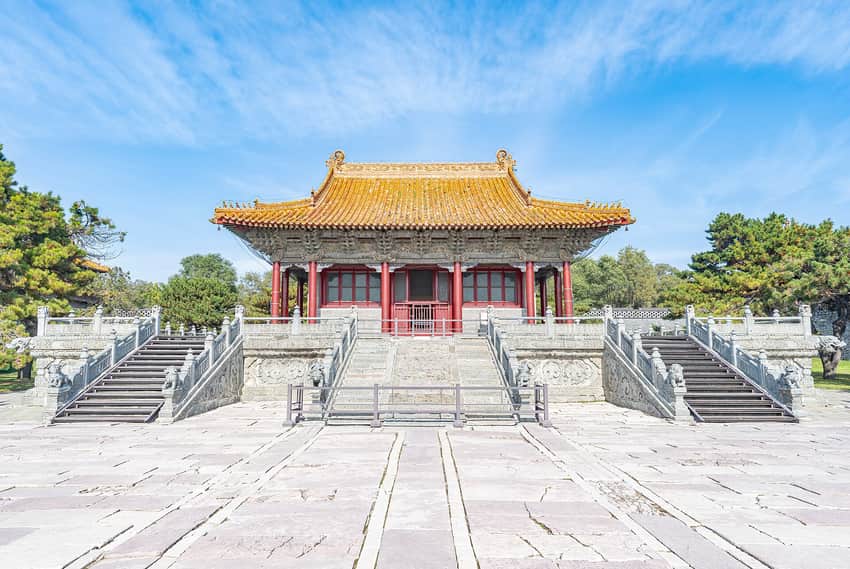 Symmetrical yellow-roofed hall and stone terrace at Zhaoling in 2024