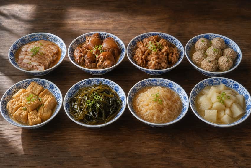 Editorial reconstruction of exactly eight blue-and-white bowls in a four-meat and four-vegetable arrangement