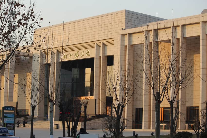 Hebei Museum facade and forecourt in warm evening light