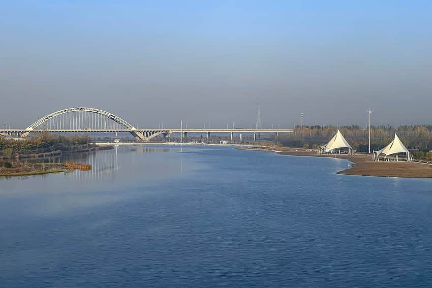 Hutuo River reach, bridge and banks seen from a high-speed rail corridor