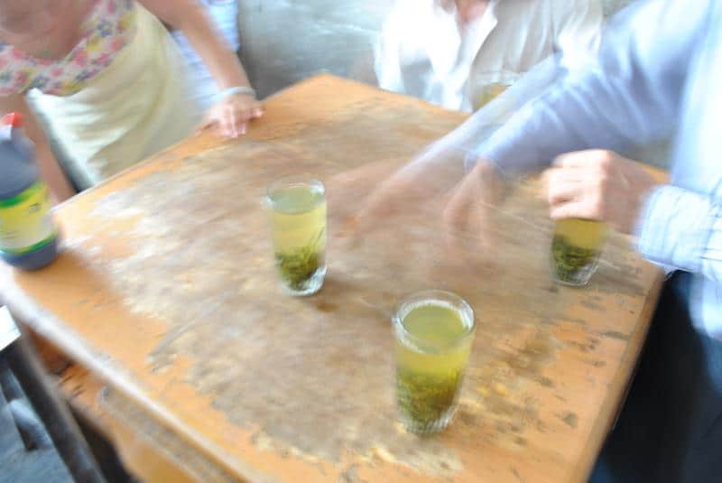 Tea glasses on a table in a Pengxi teahouse