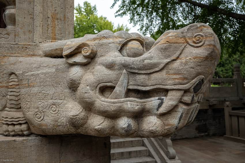 Weathered carved stone beast detail at Taiyuan Confucian Temple