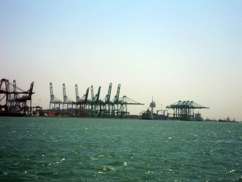 Container cranes, quays and vessels at the working Port of Tianjin in 2011