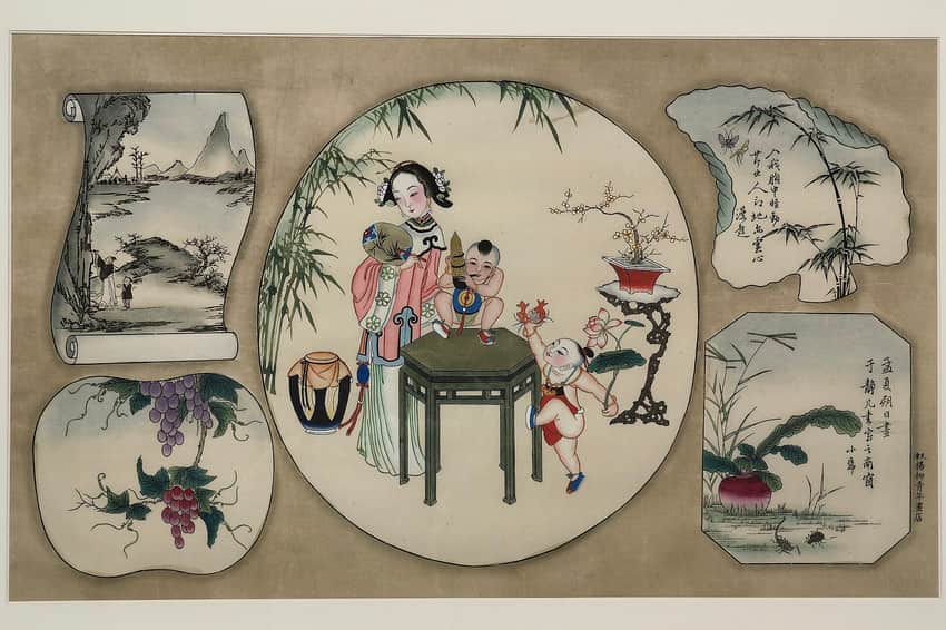 Mounted Yangliuqing New Year picture with woman, children, plants and calligraphy