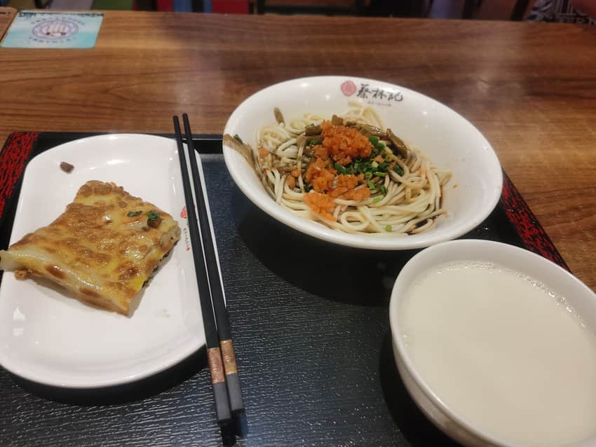 Breakfast tray with noodles, doupi and soy milk