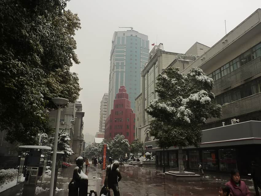 Snowy historic commercial streetscape on Jianghan Road