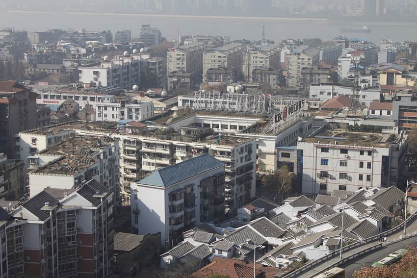 Dense Wuchang roofs with the Yangtze in the distance