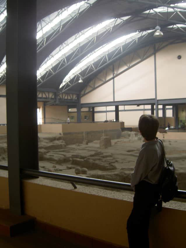 Visitor overlooking excavated remains inside the Banpo protective hall