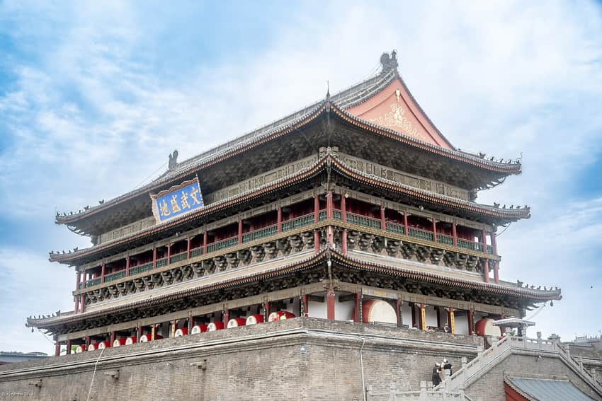 Layered roofs, painted brackets and stair approach of Xi'an Drum Tower