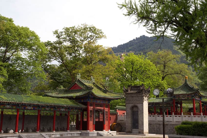 Temple roofs and trees at Louguantai beneath a wooded Qinling ridge