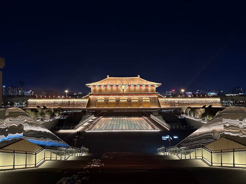 Illuminated reconstructed Daming Palace south gate seen from Xi'an Railway Station