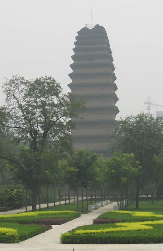 Small Wild Goose Pagoda rising beyond trees and garden paths