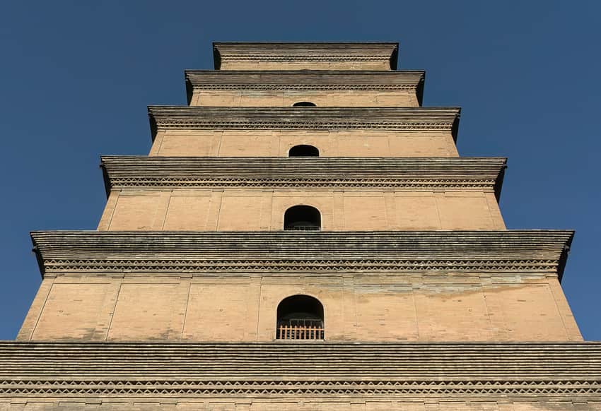 Low-angle close view of the Giant Wild Goose Pagoda's brick tiers