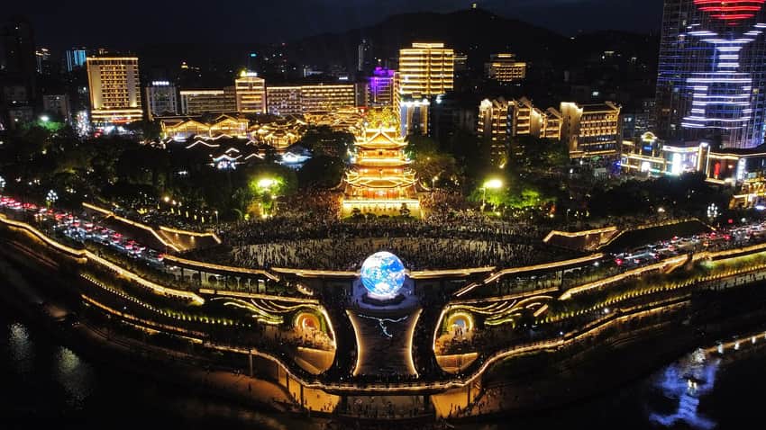 Aerial night view of Hejiangmen Square in Yibin