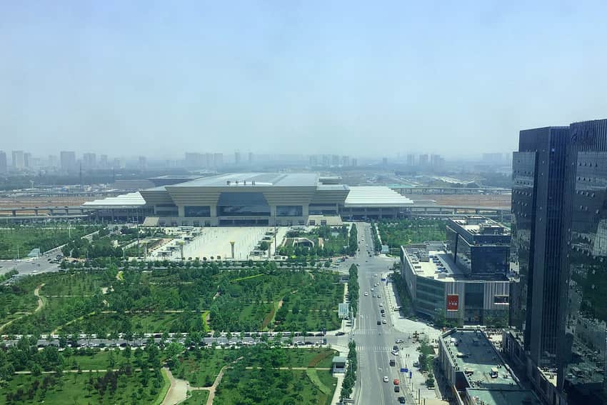 Aerial view of Zhengzhou East railway station and surrounding district